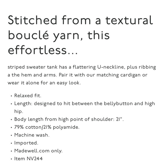 NWT Madewell Bouclé-Knit Sweater Tank
Vintage Ivory Juniper Berry Size M - Picture 4 of 11